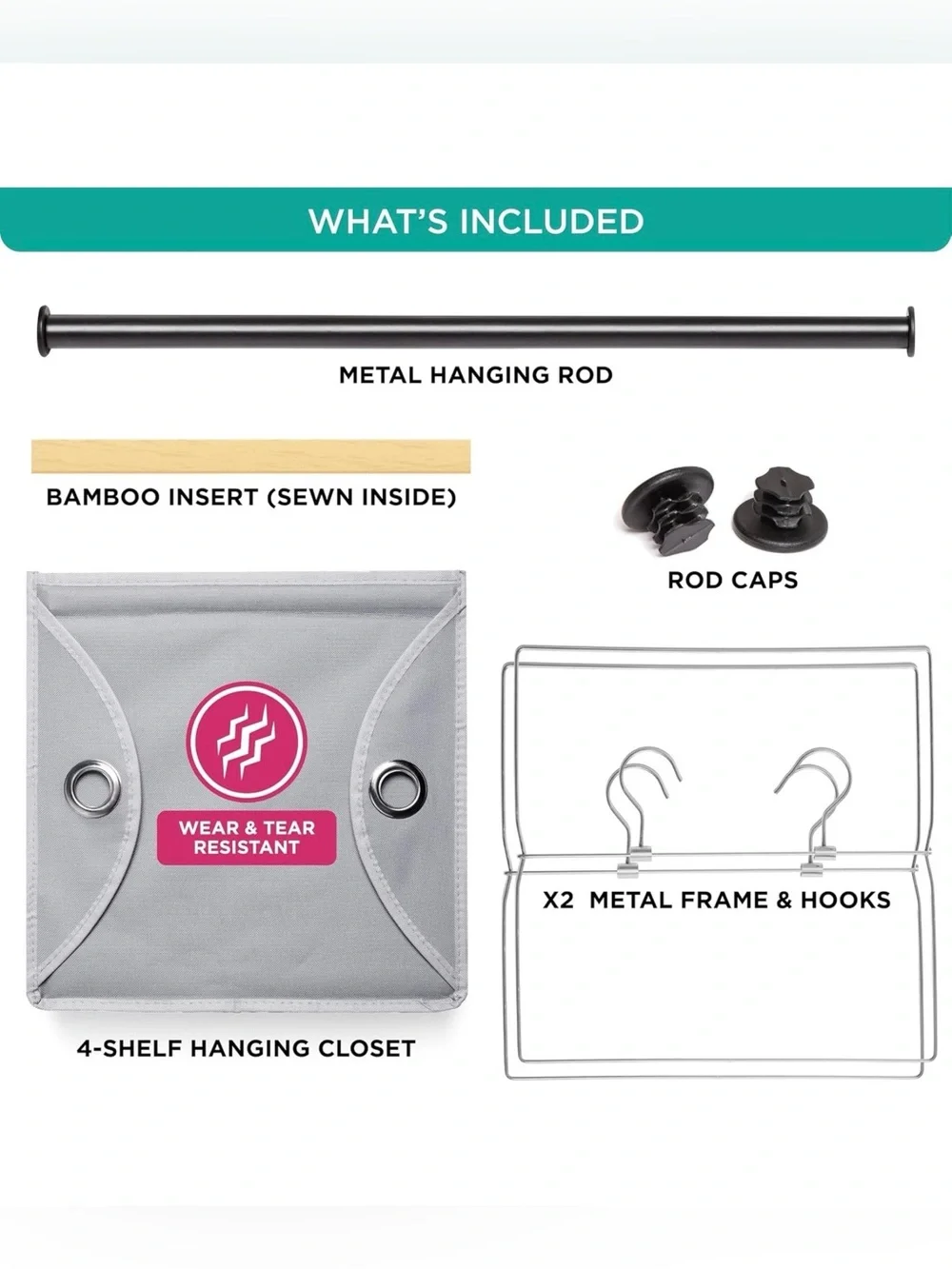 HOLDN Storage Hanging Closet Organizer 4 Shelf Garment Rod Gray